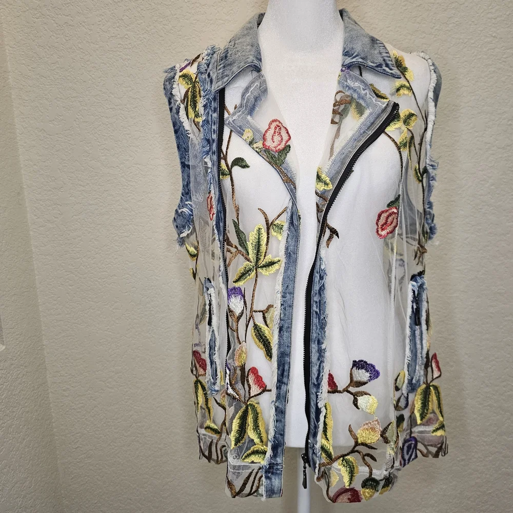 Adore Floral Embroidered Sheer Denim Vest - Picture 7 of 16